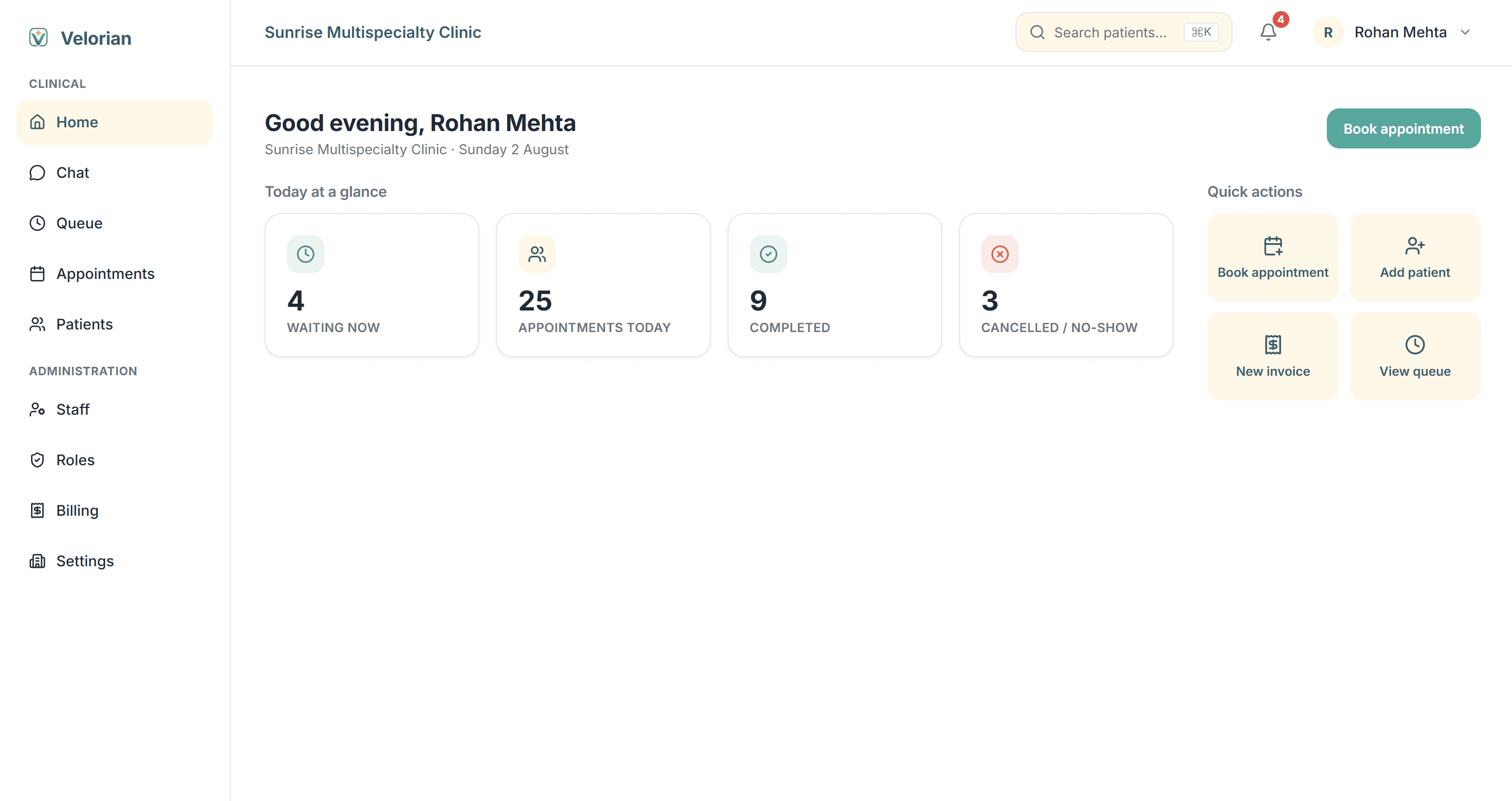 Velorian dashboard showing today's appointments, patient queue, and quick actions for a clinic's front desk